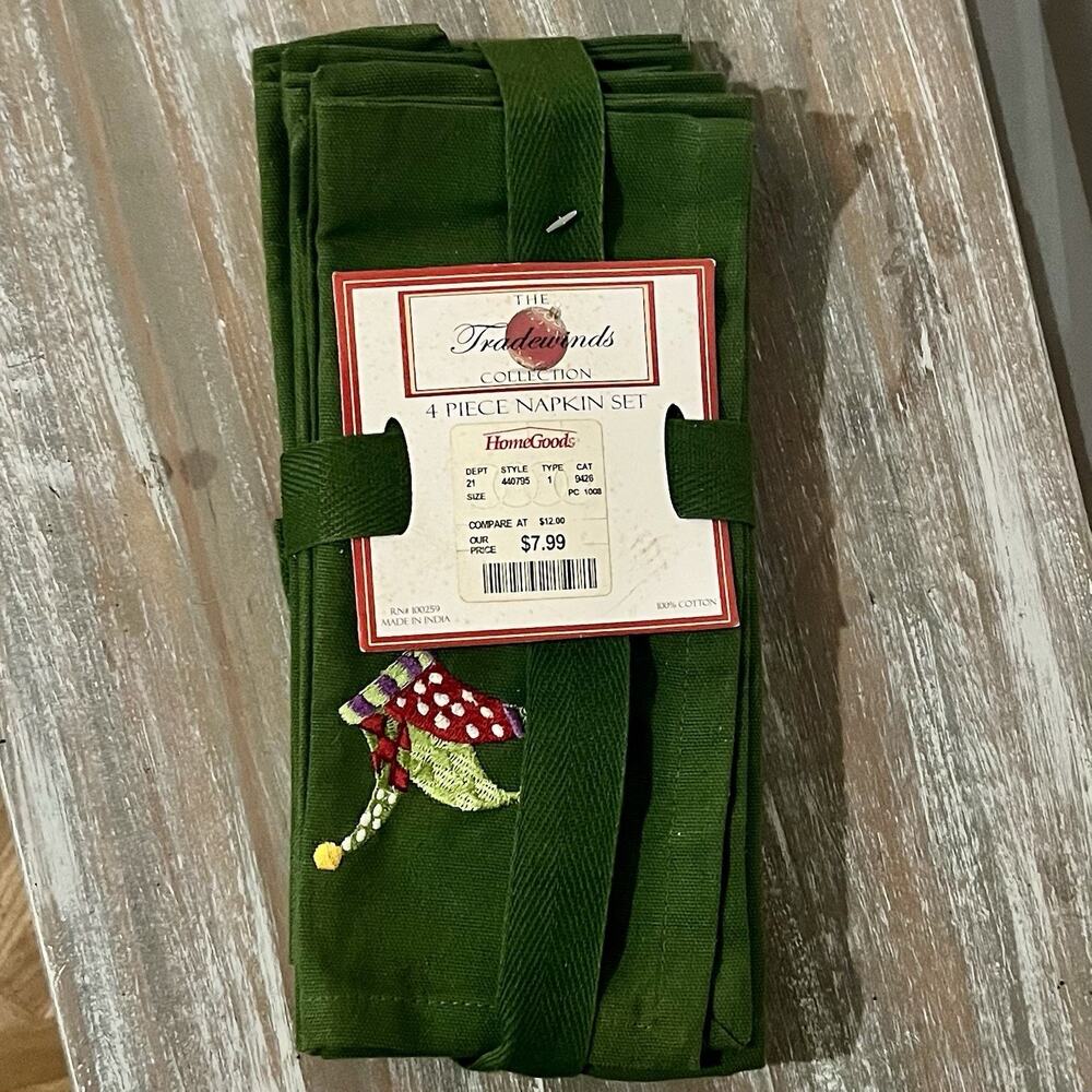 Tradewinds Collection 4 Piece Green Embroidered Cotton Rectangular Napkin Set